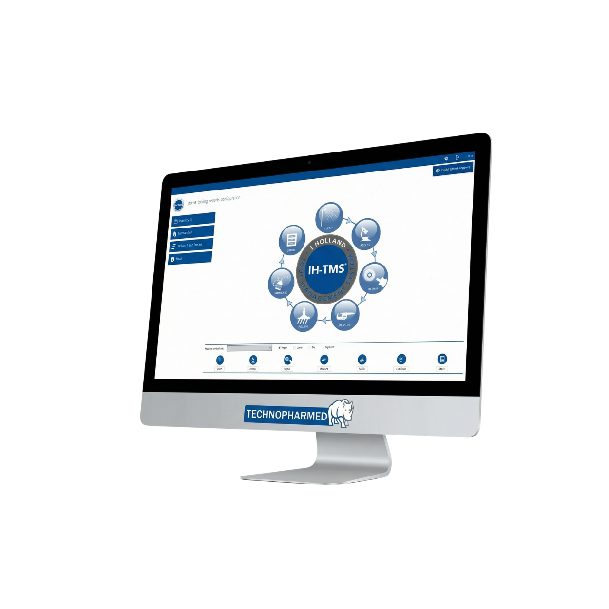Operario mostrando la interfaz del software IH-TMS en tablet/monitor, con gráficos de ciclo de vida de punzones y datos de producción.